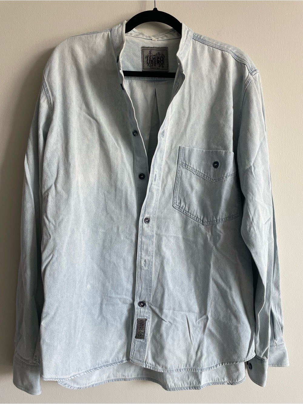 Tempo Libero vintage jean collarless shirt shacket light chambray made in Italy